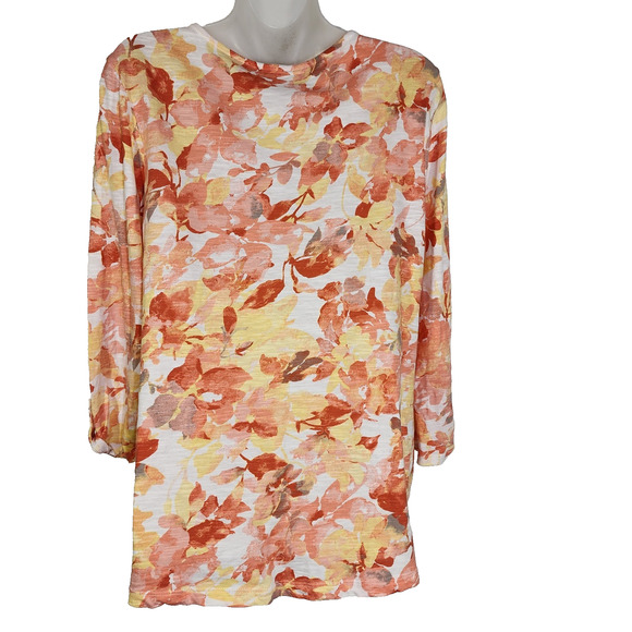 Chicos Top Tee Womens Sz 0 Small Spectrum Floral Tulip Hem Notch Neck 3/4 Sleeve - Picture 2 of 10